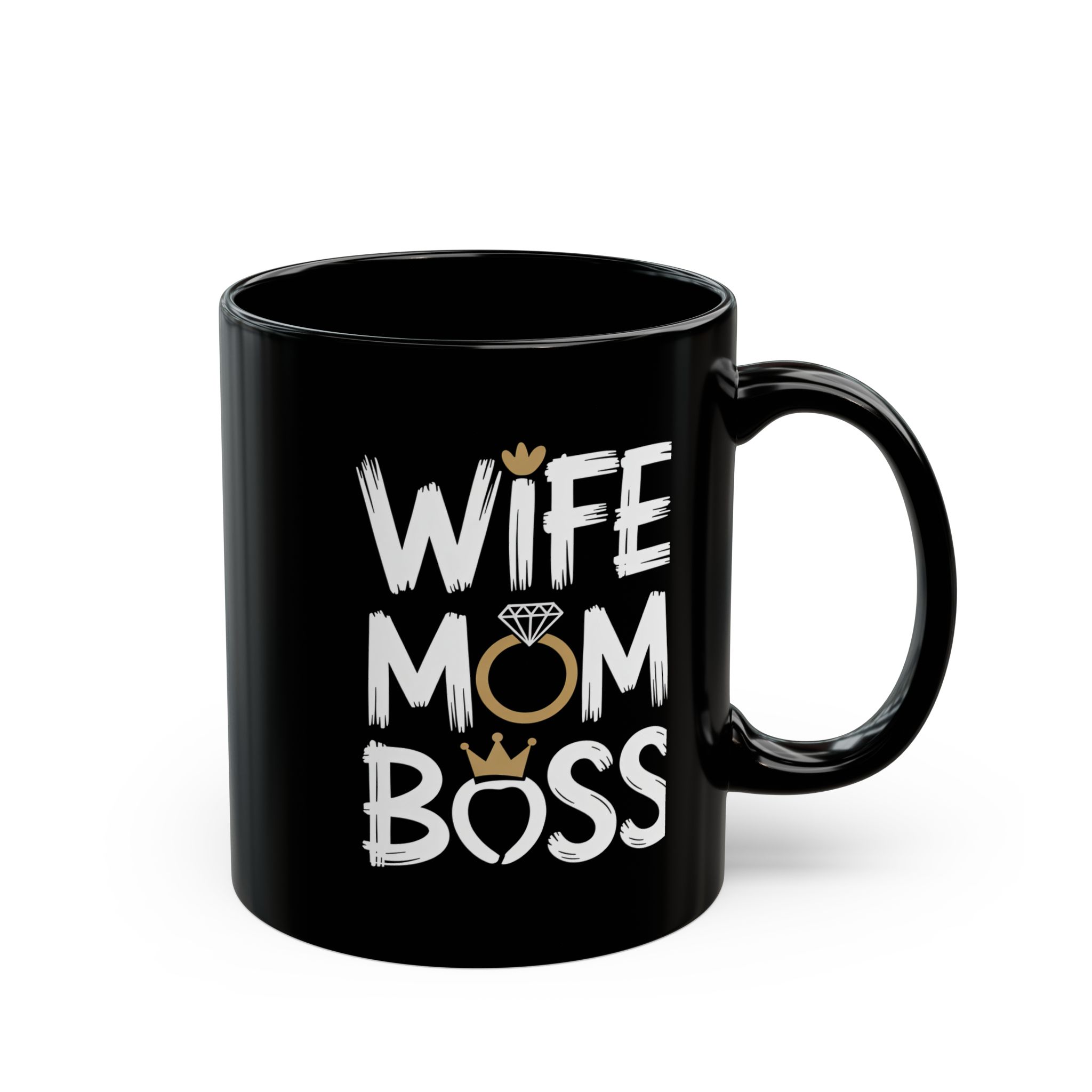 Black ceramic mug with white text "WIFE MOM BOSS" and crown graphics.