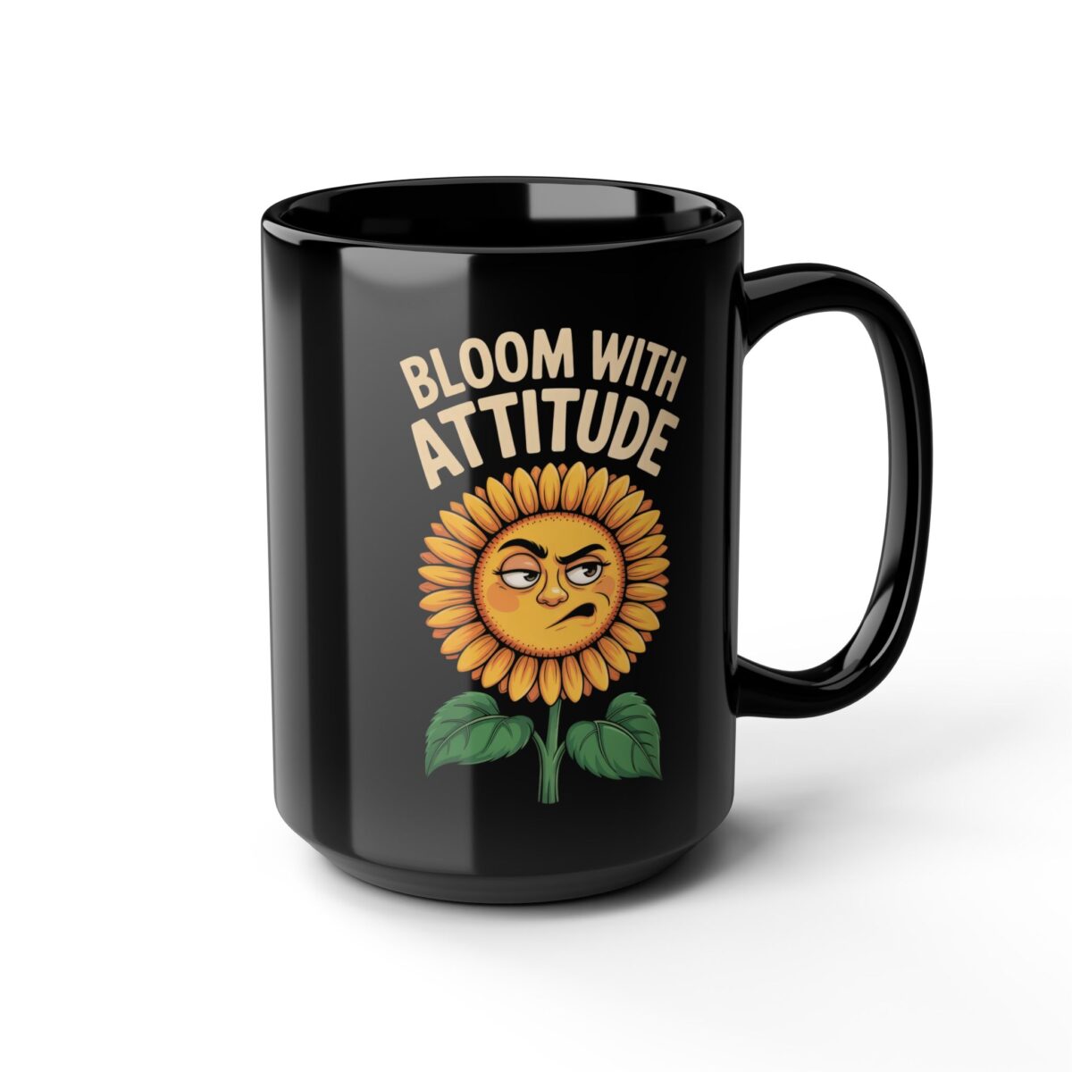 Black mug with a grumpy cartoon sunflower graphic and the text 'BLOOM WITH ATTITUDE'
