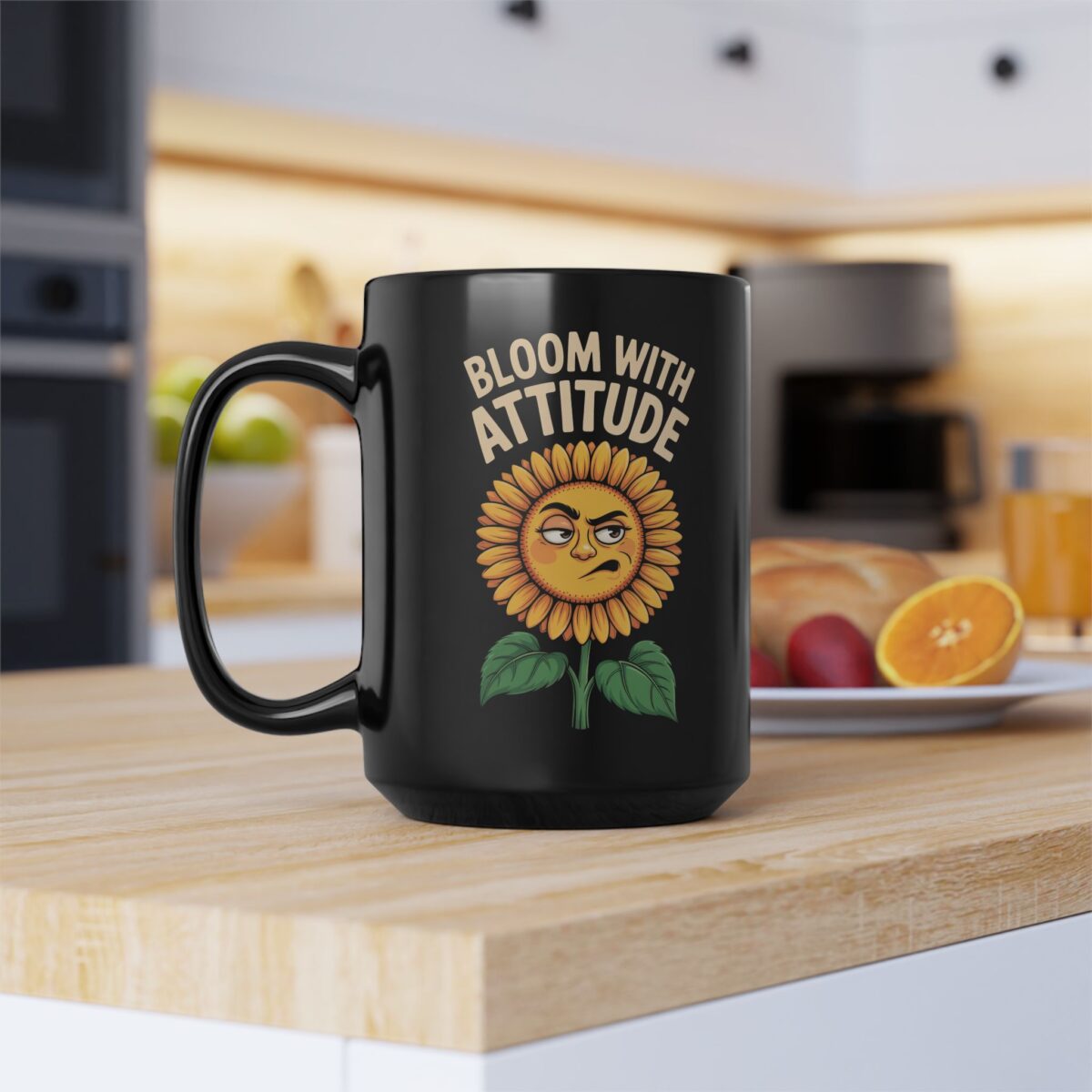 Black mug with a cartoon sunflower with a grumpy face and the text "BLOOM WITH ATTITUDE" above it.