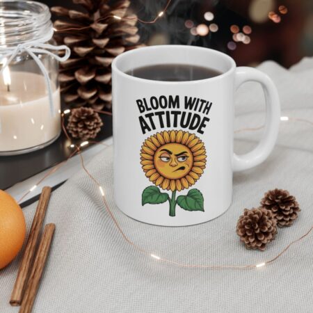 A white mug with a cartoon sunflower that has a grumpy face and reads "Bloom With Attitude". The mug is filled with coffee and sits on a textured grey cloth surrounded by pinecones, cinnamon sticks, and fairy lights.