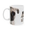 A white ceramic mug with a close-up of a pug's face on one side and a full pug with 