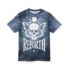 Dark blue tie-dye t-shirt with a white skull and butterfly wings graphic on the front.