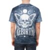 Dark blue tie-dye t-shirt with a large white skull and butterfly wings graphic on the back, with the word REBIRTH below.