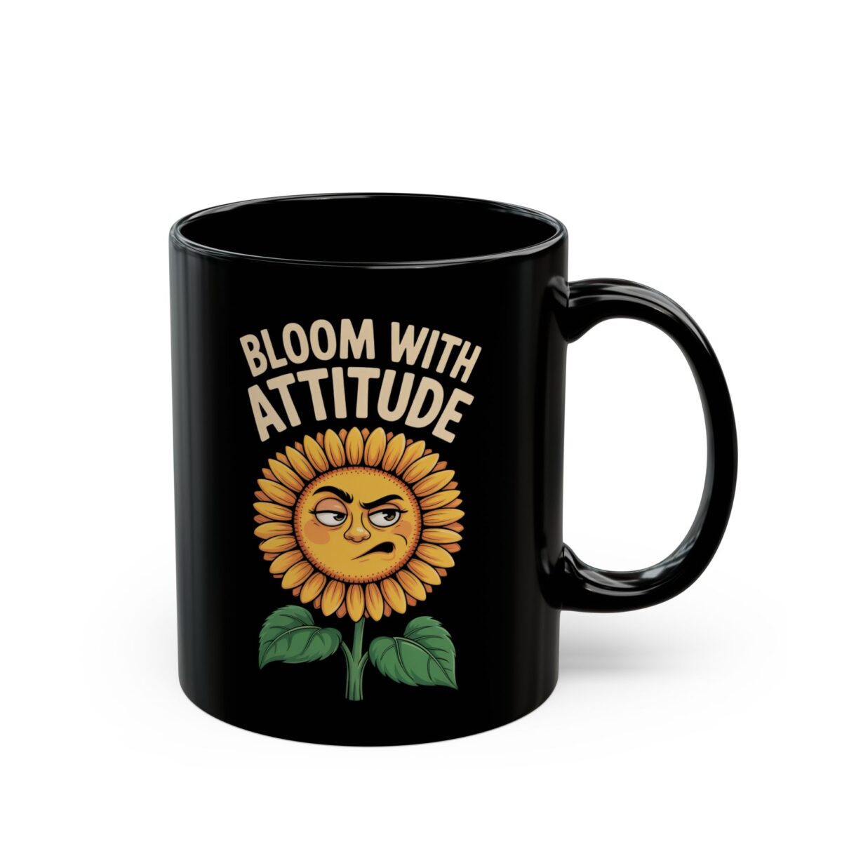 A black mug with a cartoon sunflower character that has a grumpy expression and text above it reading "BLOOM WITH ATTITUDE".
