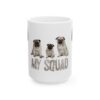White ceramic mug with three pugs and 