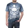 Sublimation tee, all over print, dark blue cloudy seamless print, white winged skull, moon phases, stars, 'REBIRTH' graphic.