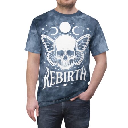 Sublimation tee, all over print, dark blue cloudy seamless print, white winged skull, moon phases, stars, 'REBIRTH' graphic.