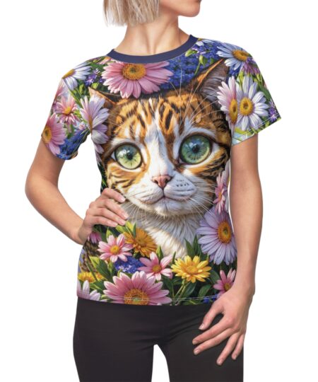 Floral Cat Women's Tee, Cute Cat Shirt, Animal Lover Gift, Summer Top, Casual Wear, Unique Birthday Present