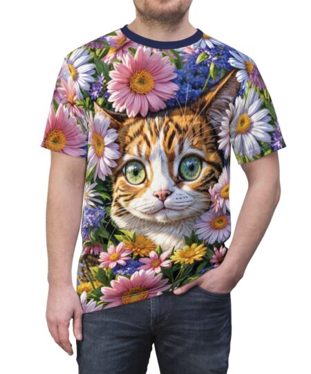 Floral Cat AOP Tee, Unisex Animal Tee, Cute Cat Shirt, Nature Lover Gift, Pet Lover Apparel, Floral Graphic T-Shirt