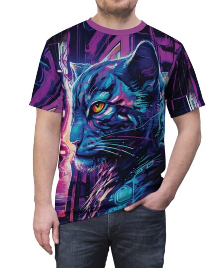 Vibrant Cat Art Graphic Tee, Unisex AOP T-Shirt, Colorful Animal Lover's Gift, Unique Streetwear
