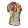 Abstract collage sublimation tee featuring a partial female face with blue eyes and pink lips, surrounded by colorful patterns and text.