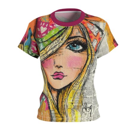All over print sublimation tee featuring an abstract face collage with mixed media and text graphics.