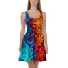 Abstract fire and ice AOP skater dress, featuring a vibrant gradient wrap around graphic design in blue, red, and orange.
