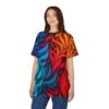 Abstract fire and ice all over print sublimation tee featuring bold red, blue, and orange swirling graphic.