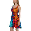 Abstract flame all over print sublimation skater dress, vibrant gradient wrap around graphic in blue, red, and orange.
