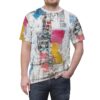 Abstract collage design, newspaper print texture, bold pink yellow blue paint splatters, black line art elements, all over print, sublimation tee.