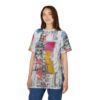 All over print sublimation tee, white base, abstract colorful paint splatters: pink, yellow, blue; distressed text fragments, seamless streetwear graphic.