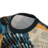 Seamless sublimation print t-shirt, abstract blue feather pattern, distressed orange, vintage blueprint overlay, dark crew neck collar.