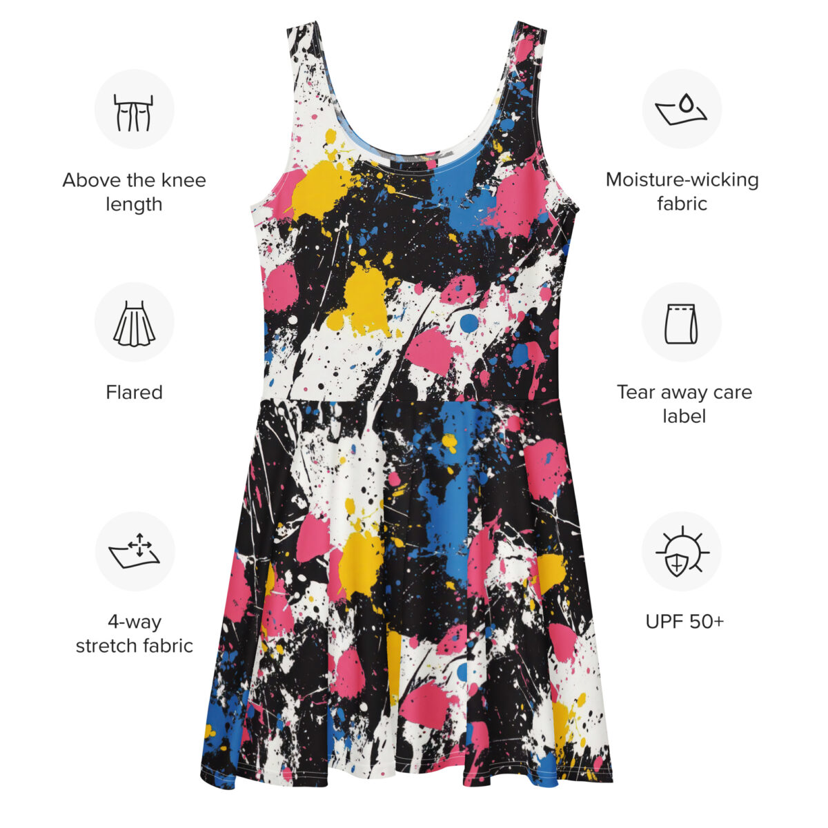 Flirty Colorful Splash Artistic Skater Dress – twirly skater-style women’s dress