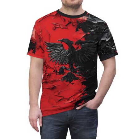 All over print sublimation tee featuring a distressed red and black background with a large black eagle graphic.