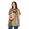 Full seamless print t-shirt, graphic portrait of a person's face, blue eyes, pink lips, blonde hair, mixed media collage background, vibrant colors, detailed artwork.