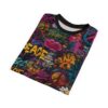 Vibrant all over print sublimation tee, graffiti design, peace signs, flowers, brick texture, neon colors.