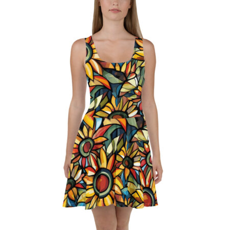Sunflower stained glass all over print skater dress, vibrant mosaic floral sublimation design.