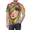 All over print sublimation tee, watercolor portrait graphic, vibrant colors, text patterns.