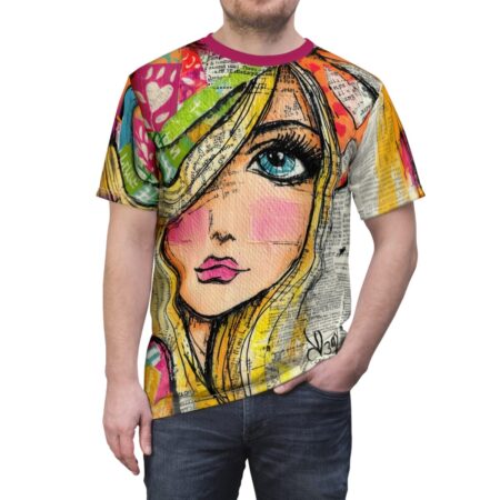 All over print sublimation tee, watercolor portrait graphic, vibrant colors, text patterns.
