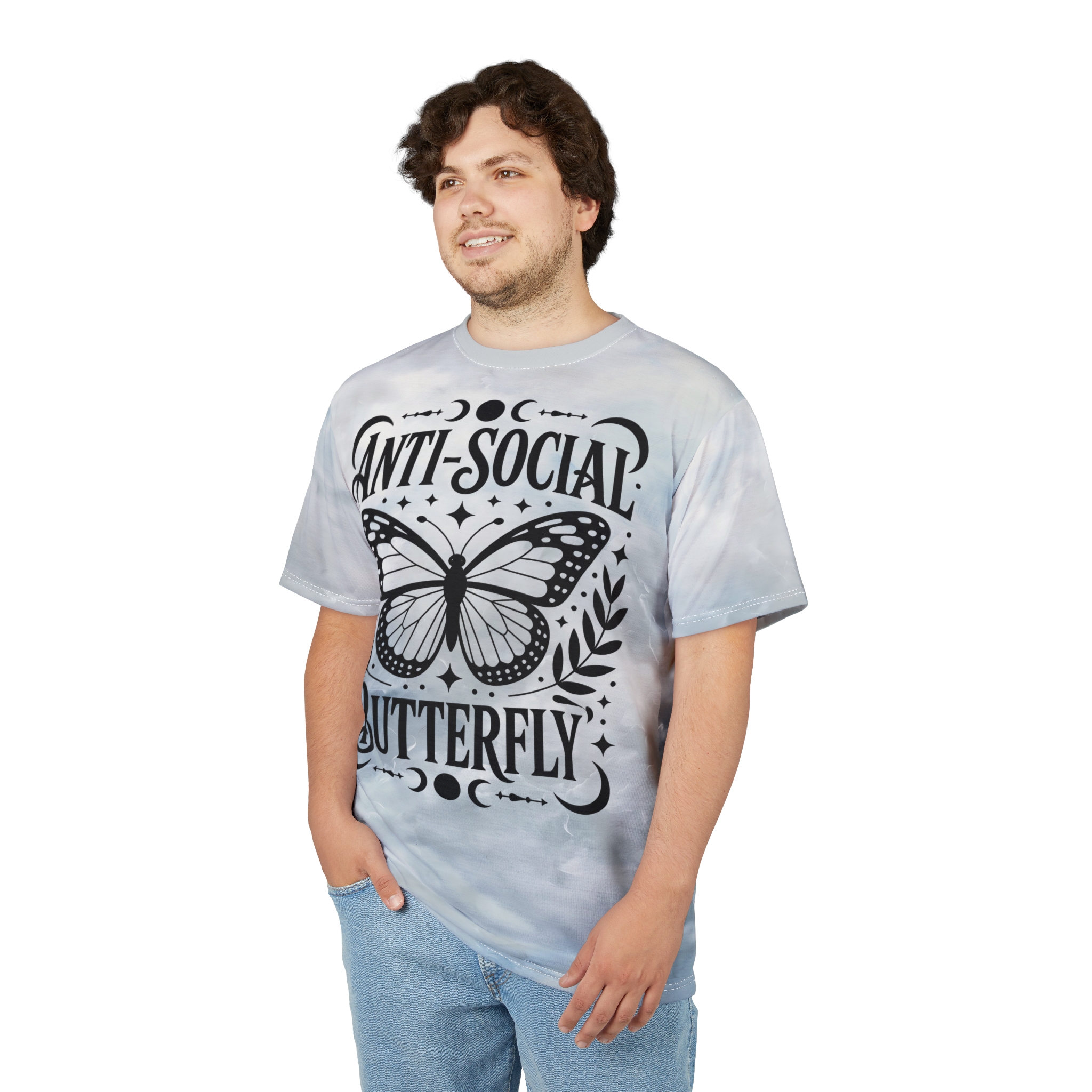 Light grey tie-dye patterns cover this oversized full print tee, featuring a large butterfly graphic with the text "ANTI-SOCIAL BUTTERFLY" and celestial elements.