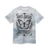 White and light blue cloudy patterns cover this all over print t-shirt, featuring black text and a butterfly graphic.
