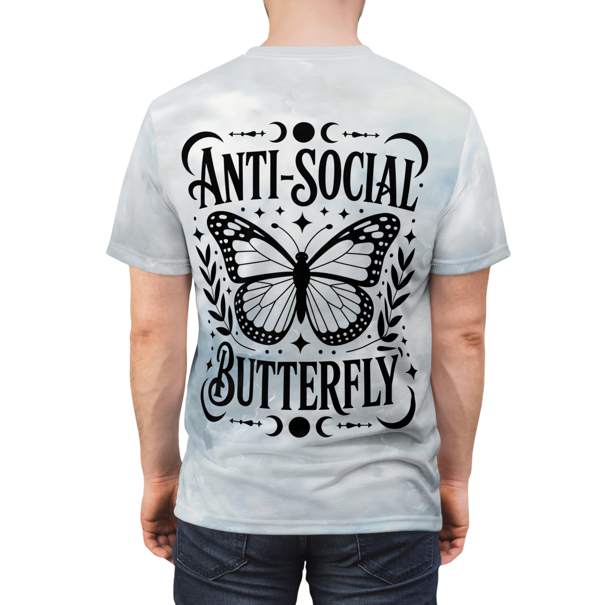 White and light blue marble patterns cover this patterned tee shirt, with a black graphic of a butterfly and the words "ANTI-SOCIAL BUTTERFLY".