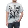 Faded blue and white tie-dye patterns cover this oversized full print tee, featuring a large black butterfly graphic with 