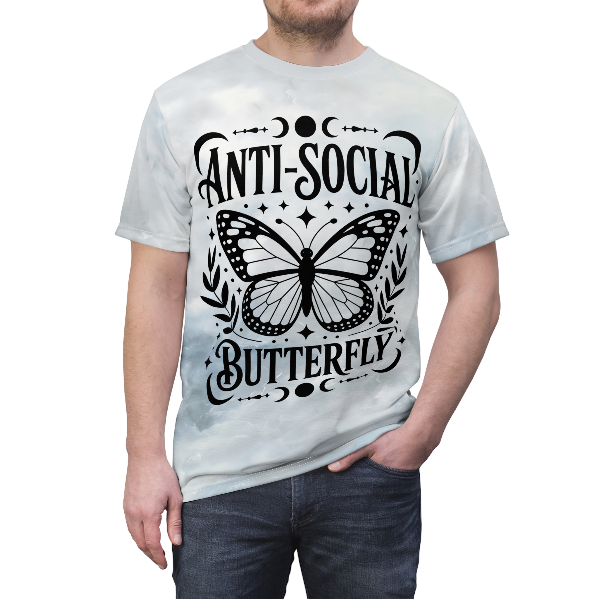 Faded blue and white tie-dye patterns cover this oversized full print tee, featuring a large black butterfly graphic with "ANTI-SOCIAL BUTTERFLY" text and celestial accents.