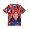 Vibrant red all-over print t-shirt, stylized face central, black hair, pink cheeks, blue birds, abstract blue, green, pink lines, white stars, seamless sublimation tee.