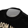 Black all over print sublimation tee, distressed cyber grunge texture, crewneck, white contrast stitching, partial beige graphic.