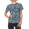 Dark blue t-shirt with white and light blue all-over daisy floral print, seamless sublimation tee.