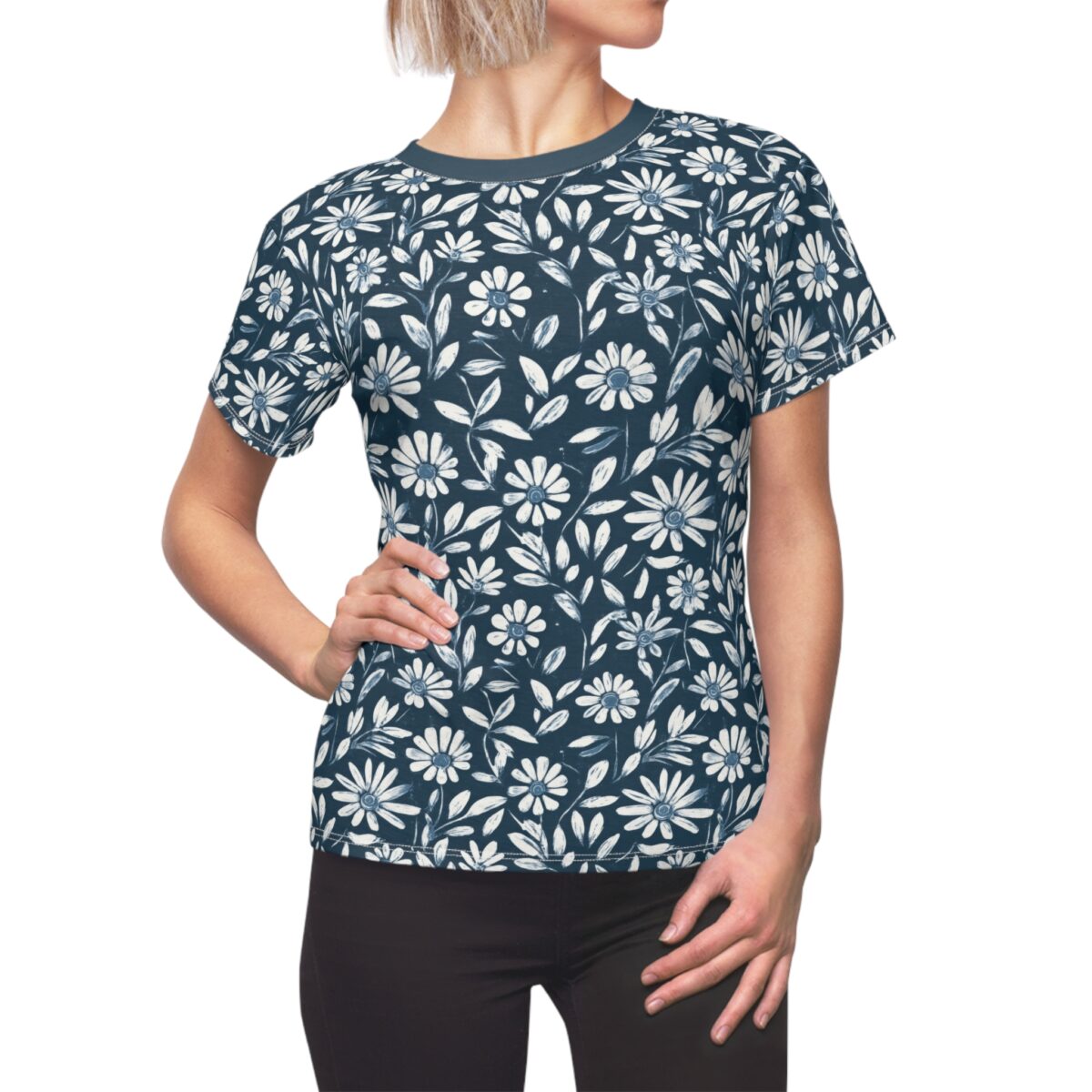 Dark blue t-shirt with white and light blue all-over daisy floral print, seamless sublimation tee.