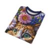 All over print t-shirt, large-eyed cat face, green eyes, orange tabby stripes, surrounded by pink, purple, white flowers, seamless sublimation print.