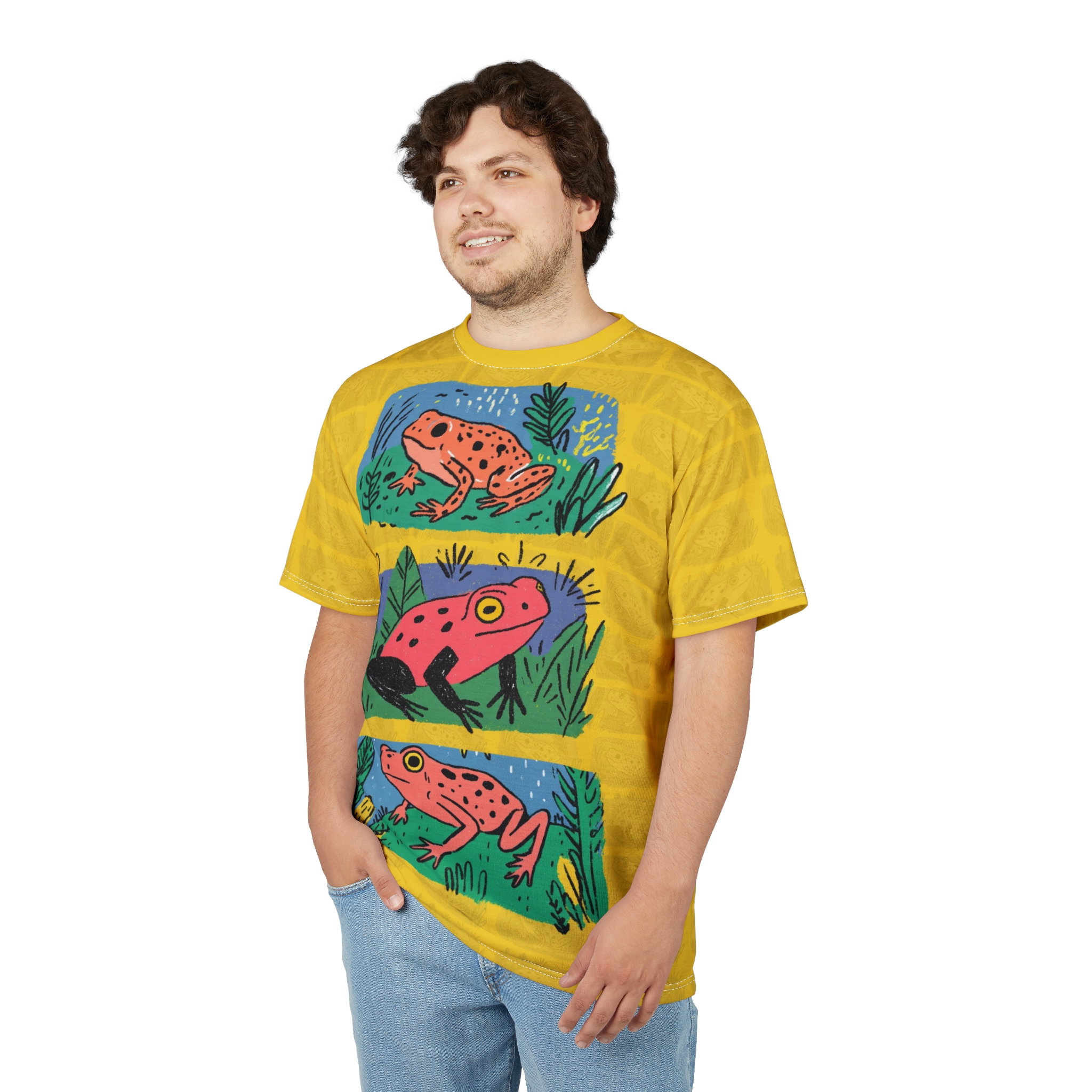 Yellow fabric with a yellow textured pattern and three framed illustrations of frogs in green grass and blue backgrounds.