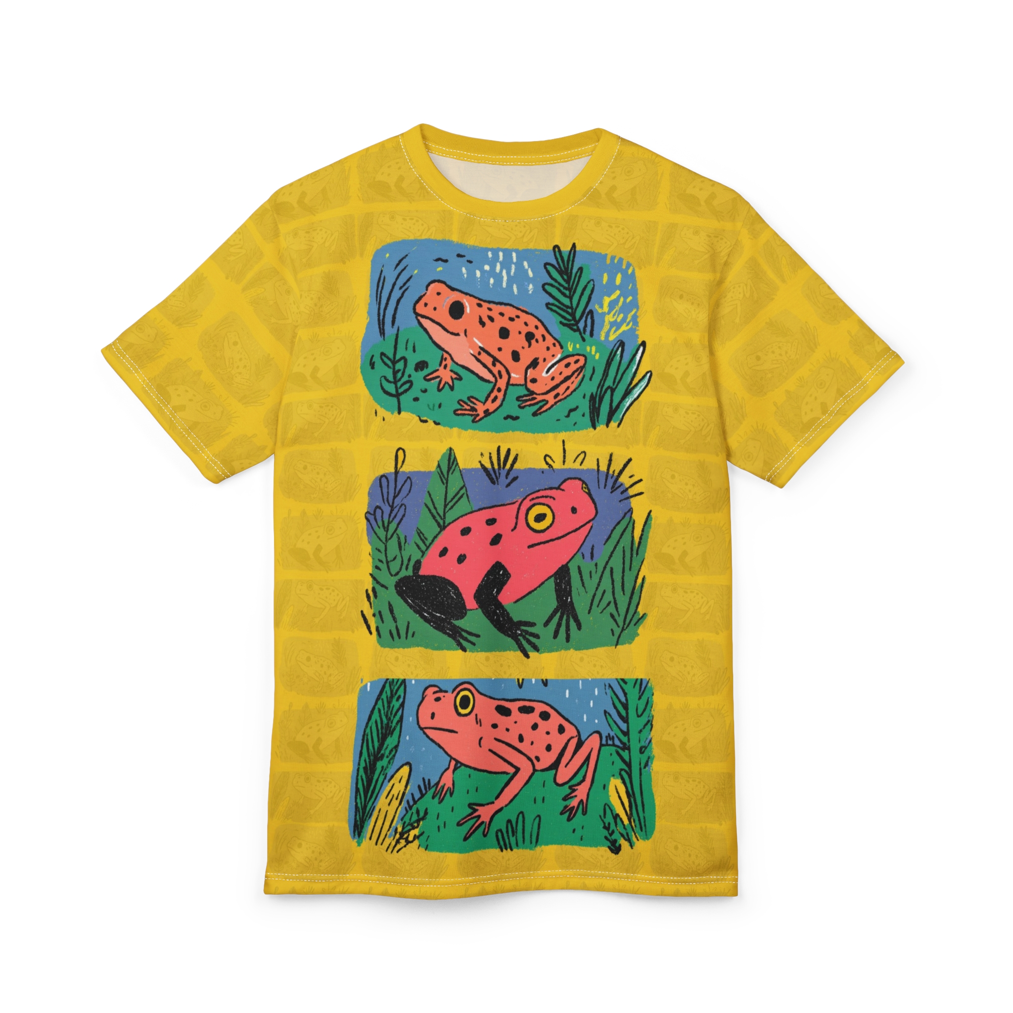 Yellow background with a repeating pattern of light yellow frogs and reeds, with three framed illustrations of frogs in green grass and blue water.