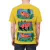 Yellow background with repeating frog outlines, and three colorful frog illustrations in blue framed panels.