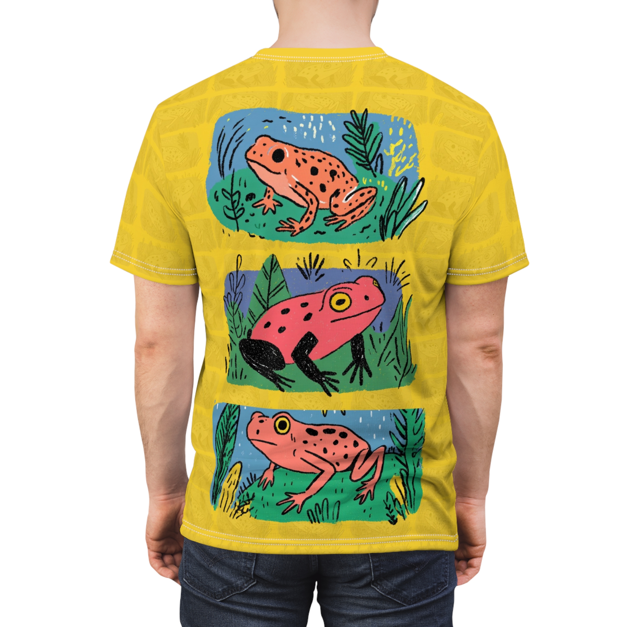 Yellow background with repeating frog outlines, and three colorful frog illustrations in blue framed panels.
