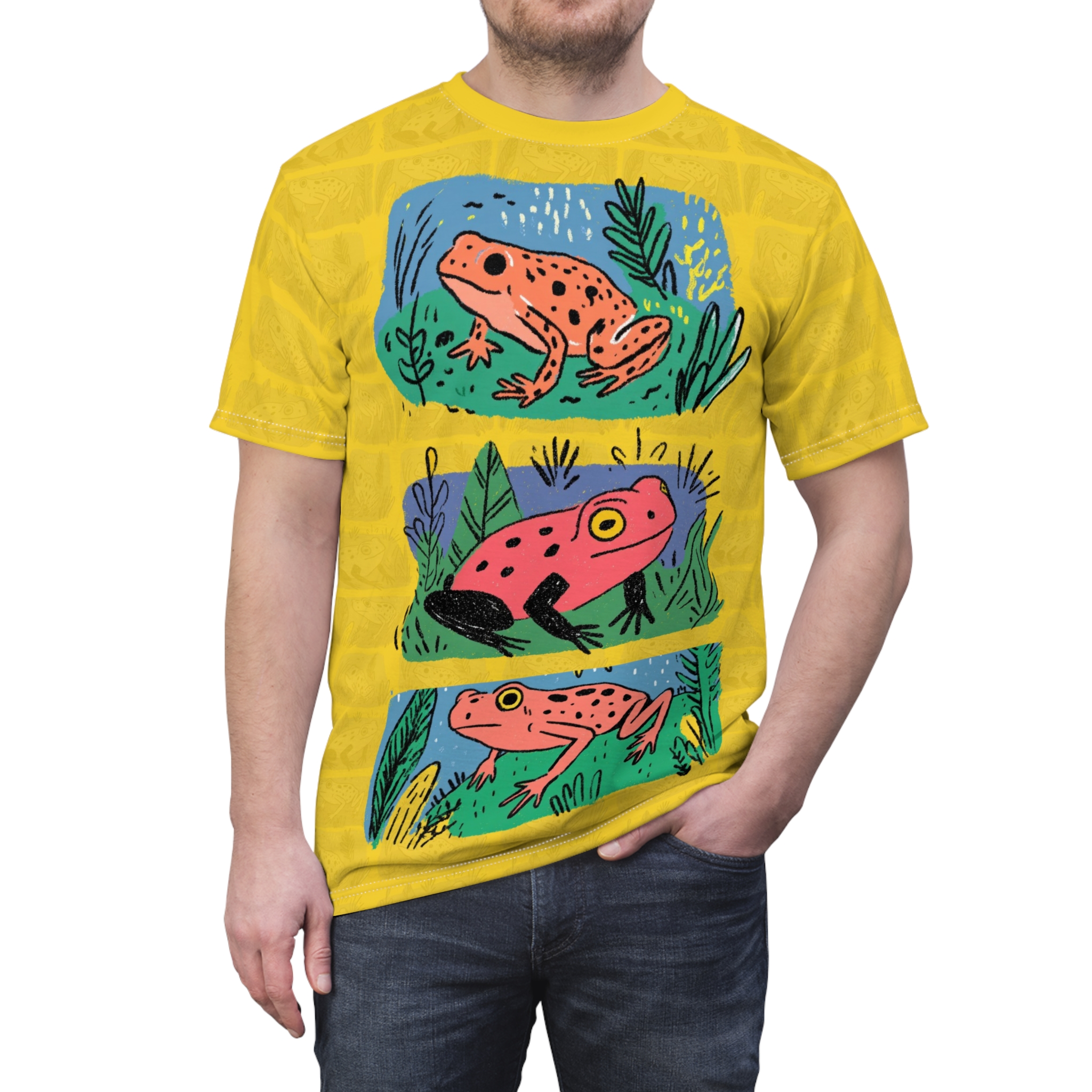 Yellow background with a subtle pattern of frogs and reeds, featuring three distinct colorful frog illustrations in blue, green, and yellow panels.