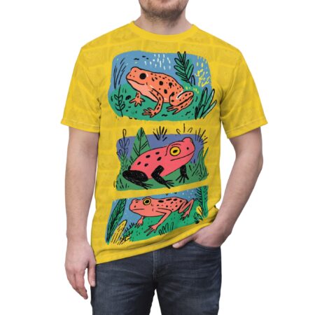 Bold Colorful Frog Print Unisex Tee, Vibrant AOP Shirt for Nature Lovers and Eco Warriors, Perfect Gift for Birthdays, Earth Day, Everyday Wear – high-quality graphic streetwear t-shirt