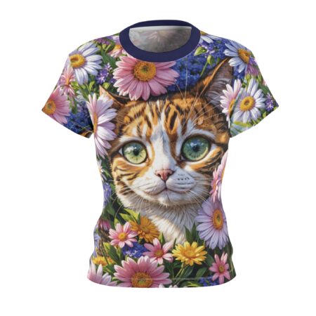 Orange tabby cat face with green eyes surrounded by colorful daisies and wildflowers on an all over print sublimation tee.