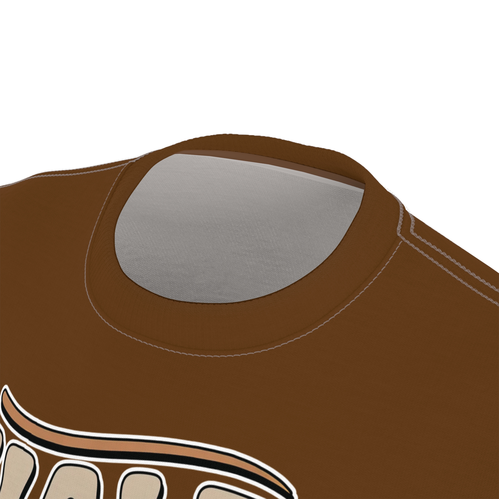 Brown, tan, and white lettering spell out a coffee-themed phrase on this full print t-shirt.