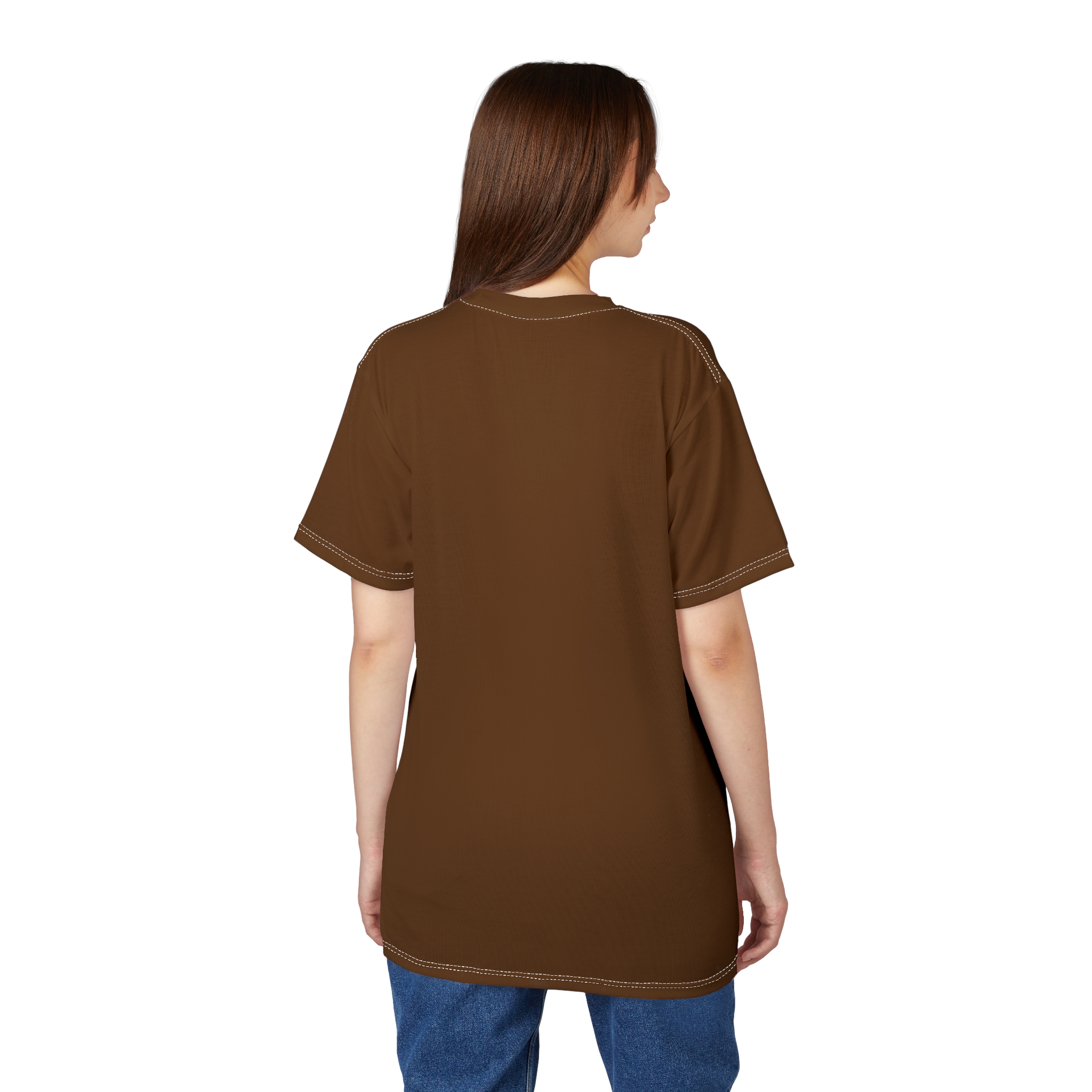 Brown fabric with white stitching covers this sublimation graphic tee, depicting a coffee cup and playful text.