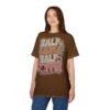 Cream, brown, pink, and tan lettering with floral accents and coffee cup graphics cover this graphic streetwear tee, reading