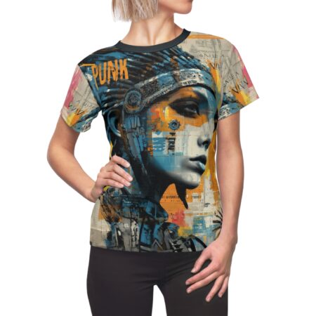 Cyber grunge all over print t-shirt showcases a distressed punk face graphic with neon accents and newspaper collage elements.